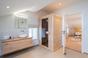 布尔格-罗伊兰德B&B - La Maison des Sottais的带淋浴、水槽和镜子的浴室