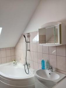 韦尔道Stella s Monteurswohnungen的带淋浴、盥洗盆和卫生间的浴室