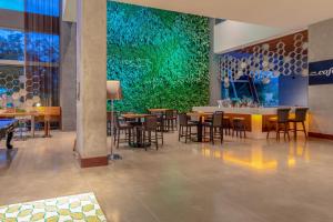 圣何塞哥斯达黎加圣何塞喜来登酒店的一间带桌椅和大型绿色墙壁的餐厅