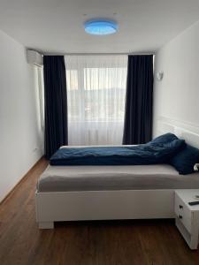 德瓦Regim Hotelier DEVA, str. Mihai Viteazu, bl. RESIDENCE !!!的一间卧室配有一张带蓝色毯子的床和窗户。