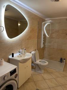 德瓦Regim Hotelier DEVA, str. Mihai Viteazu, bl. RESIDENCE !!!的一间带卫生间、水槽和镜子的浴室