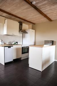 斯塔德Ludvigsdal Semesterboende的厨房配有白色橱柜和炉灶烤箱。