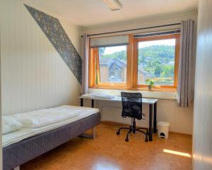 维尼斯拉Single room with shared spaces的一间卧室配有一张床、一张书桌和一个窗户。