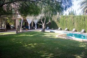 梅里那德奥拉菲Casa Boticario的一座带树木和游泳池的庭院