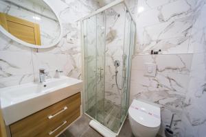 布德瓦Rooftop apartments & rooms Budva的带淋浴、卫生间和盥洗盆的浴室