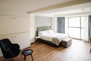布尔戈斯雷斯雷耶斯卡多丽克斯酒店的卧室配有床、椅子和窗户。