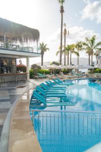 马尔马里斯Casa De Maris Spa & Resort Hotel Adult Only 16 Plus的度假村的游泳池,设有蓝色的椅子和棕榈树