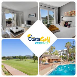 福恩吉罗拉Apartamento en complejo con piscina, pádel y restaurante con vistas al golf en Mijas - Matchroom 83的一张酒店房间四张照片的拼贴图