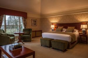 莱克斯利普Leixlip Manor Hotel的一间卧室配有一张床、两把椅子和一张桌子