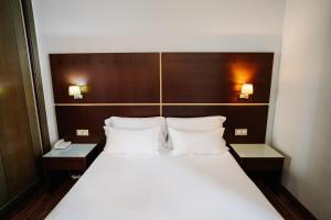 布尔戈斯帕拉西奥德洛斯布拉松内套房酒店的一张位于酒店客房的床位,配有两张桌子和两个枕头