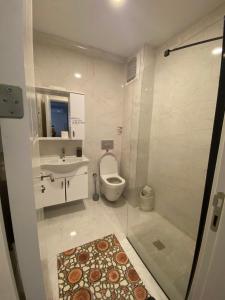 BostancıFatih apart otel的浴室配有卫生间、盥洗盆和淋浴。