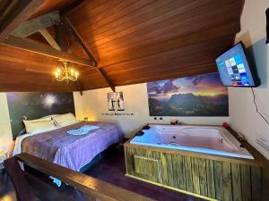 蒙特韦尔迪Recanto Lira I的一间卧室配有一张床、一个浴缸和一台电视。