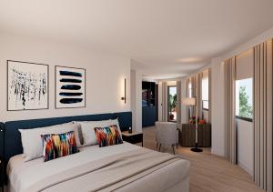 格拉纳达Apartamentos Luna Suites Granada的一间带大床的卧室和一间客厅