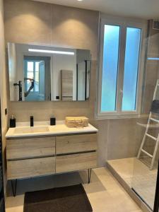 戛纳Maison de Ville Cannes Centre的一间带水槽和镜子的浴室
