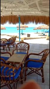 艾因苏赫纳شاليه فندقي ڤيو البحر Ain sokhna-families& married only的海滩上的桌椅