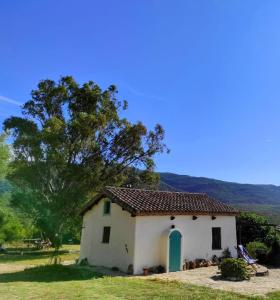 法斯纳斯Complejo Rural del Molino Dorado的一间白色的小房子,设有蓝色的门