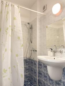拉夫达Mint Family Hotel的一间带水槽和淋浴帘的浴室