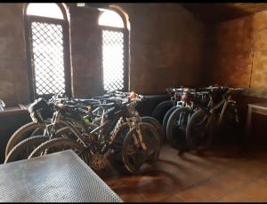 卡里翁德洛斯孔德斯Hostal Plaza Mayor的停在房间里的一群自行车