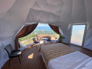 西格纳吉Signagi Glamping的一间卧室设有一张床和一个大窗户