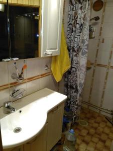 萨翁林纳Holiday Cabin Kerimaa 41的一间带水槽和淋浴帘的浴室