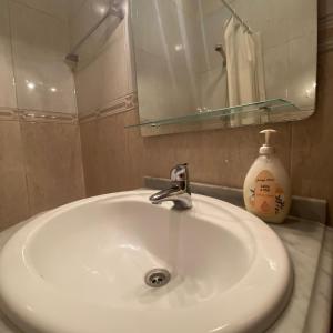 阿莫拉Apartamento Varanda do Sol的一个带镜子的白色水槽和一瓶肥皂