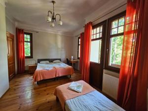 波兰尼卡-兹德鲁伊Villa Alexandra的一间卧室设有两张床,窗户配有红色窗帘