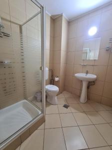 普雷代亚尔Vila Vitalis的带淋浴、卫生间和盥洗盆的浴室