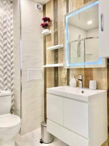 旧扎戈拉Colourful Apartment for 4 Guests and Free Parking的浴室设有白色水槽和镜子
