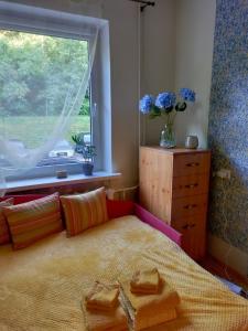 维尔纽斯Green Vilnius Getaway的一间卧室配有一张带窗户和梳妆台的床