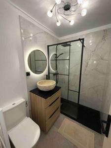圣特罗佩Studio avec terrasse au centre de Saint-Tropez的一间带水槽、卫生间和镜子的浴室