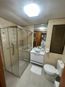 弗洛里亚诺波利斯Apartamento executivo的带淋浴、卫生间和盥洗盆的浴室