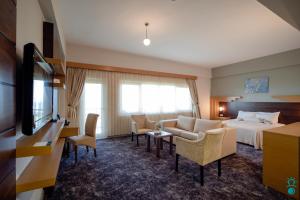 特拉布宗KTÜ Koru Otel的酒店客房配有一张床、一张沙发和椅子。