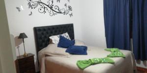 上格拉西亚La casa de Lily的一间卧室配有一张带蓝色和绿色枕头的床
