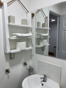 圣地亚哥Departamentos comodos y hermosos full equipados con baño y cocina privados的一间带水槽和镜子的浴室