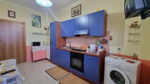 锡巴里Casa Sibarys 20 mt dalla Stazione piano terra的厨房配有蓝色橱柜和洗衣机。