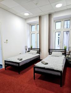 瓦乌布日赫Noclegi Wałbrzych Centrum的宿舍间的两张床,设有窗户和红地毯