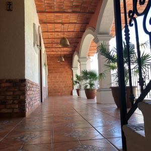 瓜亚比托斯Mountain View Lofts Guayabitos的楼内带有盆栽的走廊