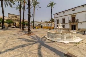 赫雷斯-德拉弗龙特拉Kala Ático - Apartamento Centro Jerez的棕榈树环绕的街道中央的喷泉