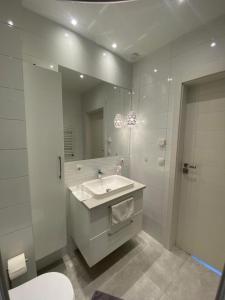 莱茵豪森Rhein Appartements的白色的浴室设有水槽和镜子