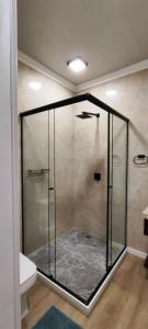 波梅罗迪Pousada Kaki Haus的一间带卫生间的浴室内的玻璃淋浴间