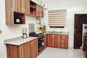 奥韦里Cityflats Apartment的厨房配有木制橱柜和炉灶烤箱。