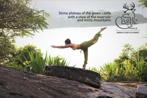 康提castle palace kandy的一位在岩石上做瑜伽姿势的女人