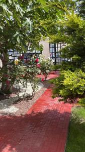 科斯蒂内什蒂Vila Julia Costinesti的花园,花园中拥有红砖小径,种植了树木和鲜花