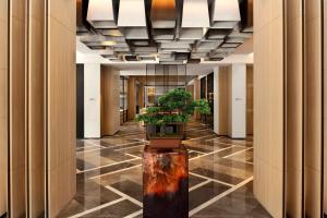 西安西安德尔塔酒店的楼内带有盆栽的走廊