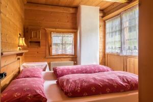 卡纳泽伊Baita Pecol Passo Pordoi的两个红色枕头坐在房间里的床边