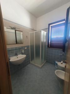 阿雷内拉Azzurro mare的一间带水槽、淋浴和卫生间的浴室