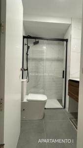 阿尔巴塞特Urbanlux Belmonte Suite的浴室设有玻璃淋浴间和卫生间