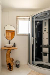 卡尔卡维洛斯Lisbon Surf Hostel的一间带镜子和淋浴的浴室