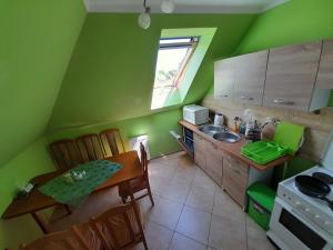 WrzosowoDom Gościnny u Szymona的厨房设有绿色的墙壁、桌子和水槽