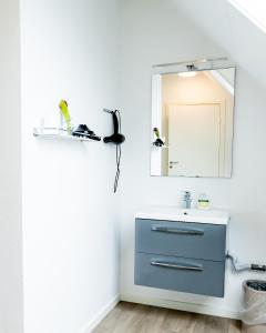 岑讷Abild Kro & Hotel的浴室设有蓝色水槽和镜子